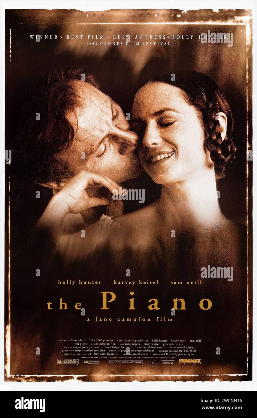 The Piano (1993) directed by Jane Campion and starring Holly Hunter, Harvey Keitel and Sam Neill. In the mid-19th century a mute woman is sent to New Zealand along with her young daughter and prized piano for an arranged marriage to a farmer, but is soon lusted after by a farm worker. Photograph of an original 1993 US one sheet poster. ***EDITORIAL USE ONLY*** Credit: BFA / Miramax Films Stock Photo