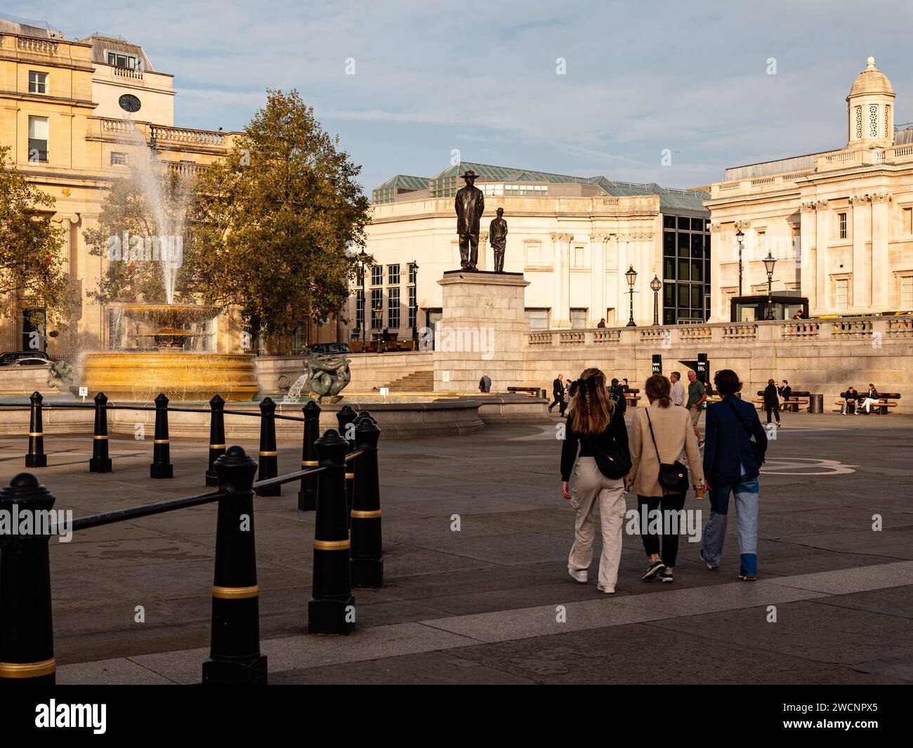 London, 07th October 2023: Pedestrians are walking across Trafalgar Square, where the new 'Antelope' Sculpture is installed on the Fourth Plinth. Stock Photo