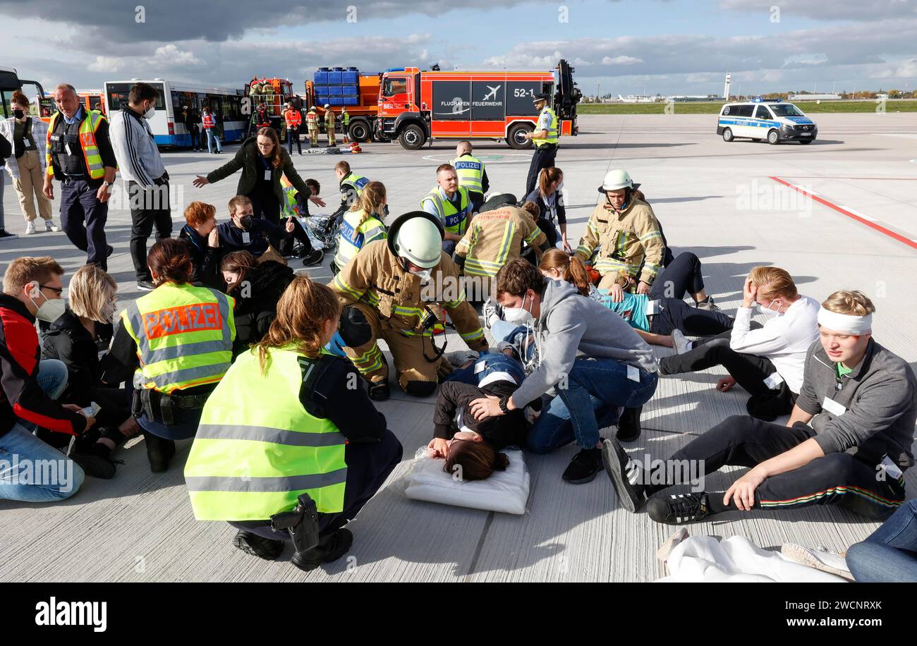 EASA emergency exercise at BER Airport, emergency services rehearsed an emergency in the aviation security area. The airport company rehearsed for an Stock Photo