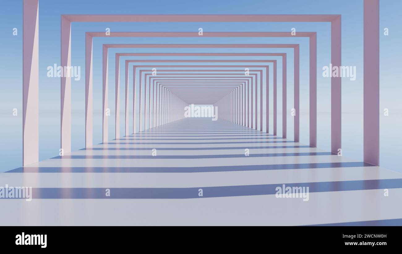 3D illustration of light pink square arches constructions on pier in day light with sun shadows on blue sky, abstract CGI architectural template Stock Photo