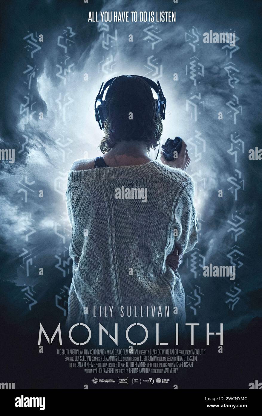 Monolith (2022) directed by Matt Vesely and starring Lily Sullivan, Ling Cooper Tang and Ansuya Nathan. A headstrong journalist whose investigative podcast uncovers a strange artifact, an alien conspiracy, and the lies at the heart of her own story. Australian poster ***EDITORIAL USE ONLY***. Credit: BFA / Bonsai Films Stock Photo