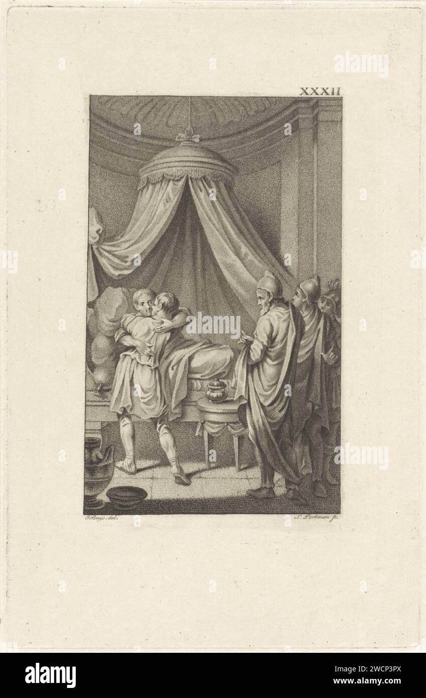 Return of Scipio's son, Ludwig Gottlieb Portman, after Jacobus Buys, 1796 print Lucius Scipio, the son of Publius Cornelius Scipio Africanus, was sent back home by Antiochus. He is hired by his sick father. Amsterdam paper etching the young son of Scipio taken captive by Antiochus, king of Syria, is restored to his father Stock Photo