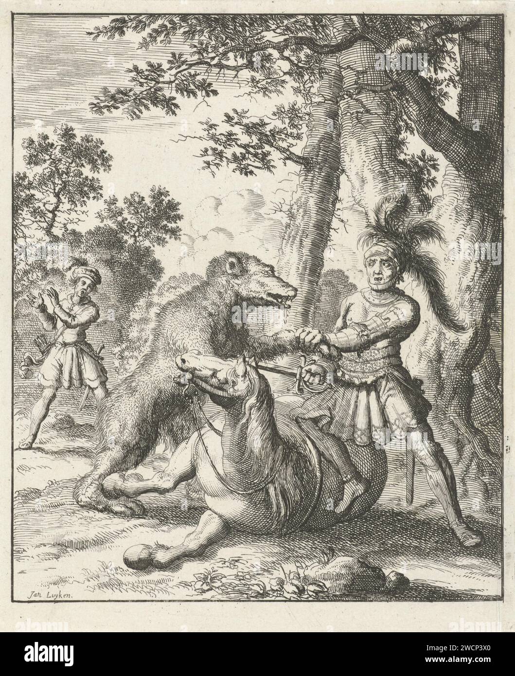 Godfried van Bouillon beats a bear, Jan Luyken, 1683 print  Amsterdam paper etching militant proselytizing: religious war, crusade, etc.. man killing animal Stock Photo