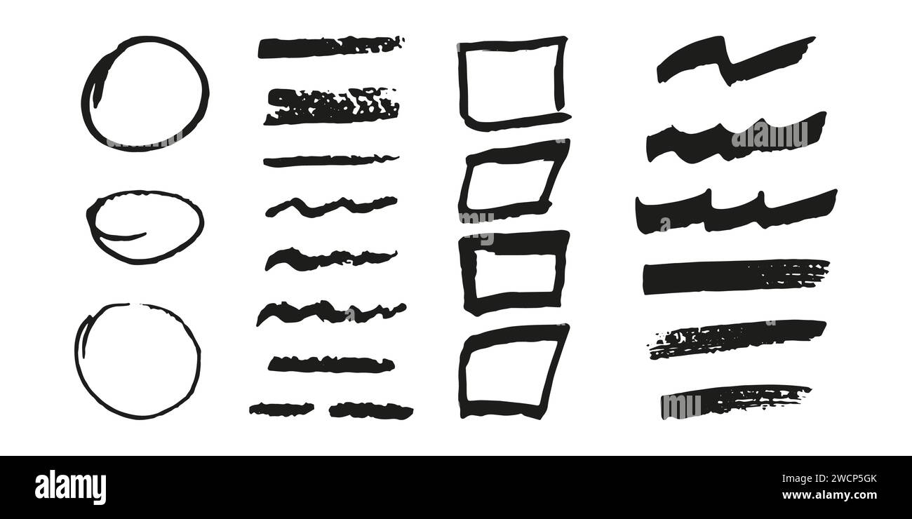 Brushes and elements for notes highlighting text. Squares circles lines wavy strokes. Vector illustration... Stock Vector