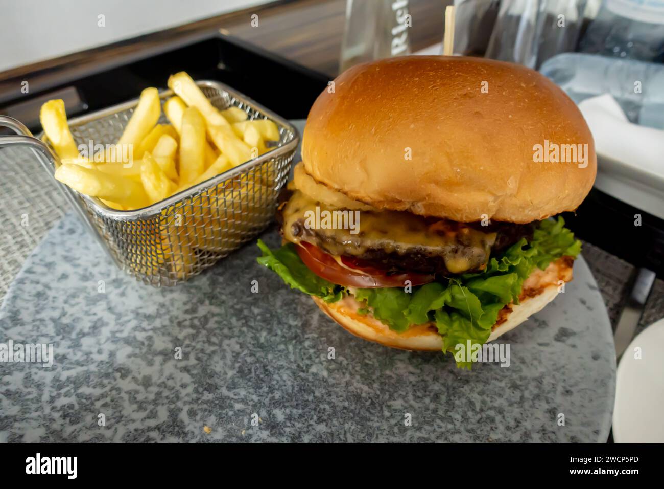 Beef burger with fries served in Astana Sheraton hotel room service ...