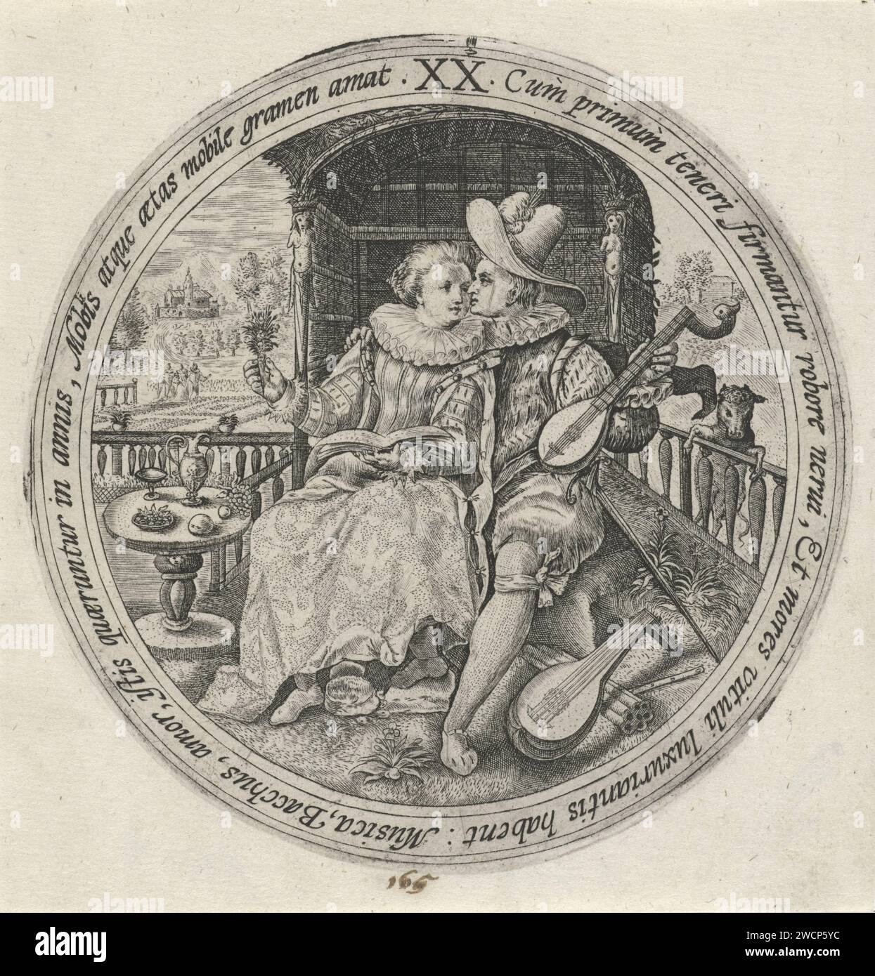Man at the age of twenty, Crispijn van de Passe (I), 1574 - 1637 print Musicing and loving young couple under a pergola. The lady has a songbook on his lap and the man a lute in hand. On the right in the background an ox. In the frame an edge in Latin. Second print from a series of ten with ten ages of man. unknown paper engraving 20-30 years. youth, adolescent. lute, and special forms of lute, e.g.: theorbo - CC - out of doors. instrumental and vocal music together Stock Photo