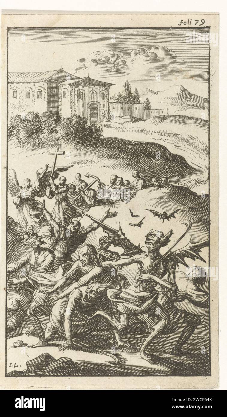 Devils are chased by an angel with his followers, Jan Luyken, 1687 print Print on top left marked: Foli 79. Amsterdam paper etching devil(s) and demons. angels Stock Photo