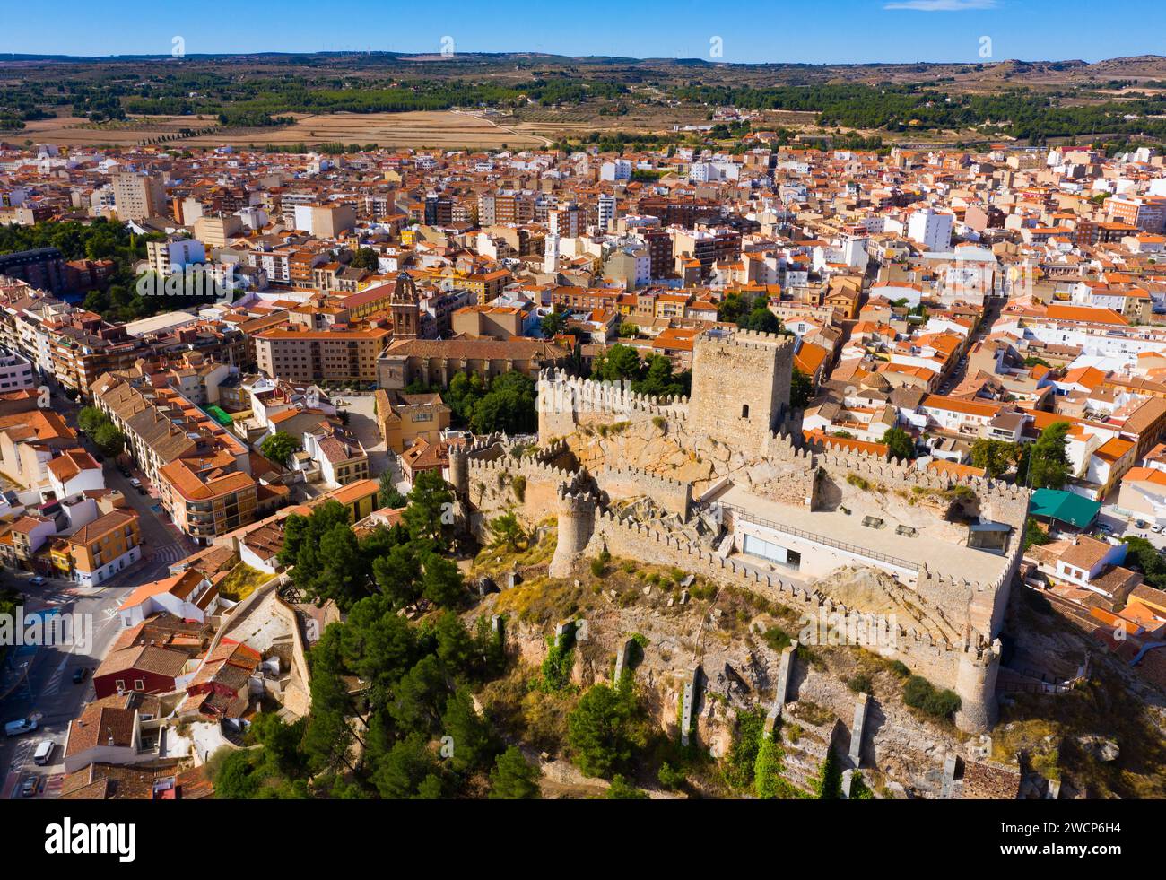 View from drone of Almansa overlooking fortified Castle and Church, Spain Stock Photo
