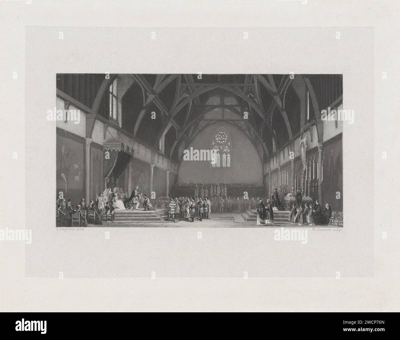 Count Floris V founded the Order of St Jacob, 1290, Willem Steelink (I), After Lambertus Lingeman, 1836 - 1906 print Count Floris V founded the Order of St. Jacob in 1290. Ceremony in the interior of the Ridderzaal. Amsterdam paper. steel engraving / etching knighthood order Racing room Stock Photo
