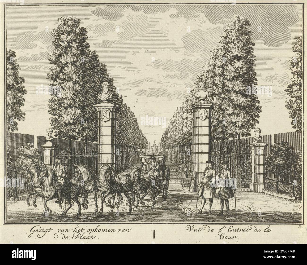 Access gateway to Huis ter Meer in Maarssen, Hendrik de Leth, c. 1740 print Face through the entrance gate of Huis ter Meer in Maarssen with a carriage pulled through six horses in the foreground. The print is part of a series with 26 faces at Huis ter Meer and the accompanying estate in Maarssen.  paper etching country-house. gate, entrance House Ter Meer Stock Photo