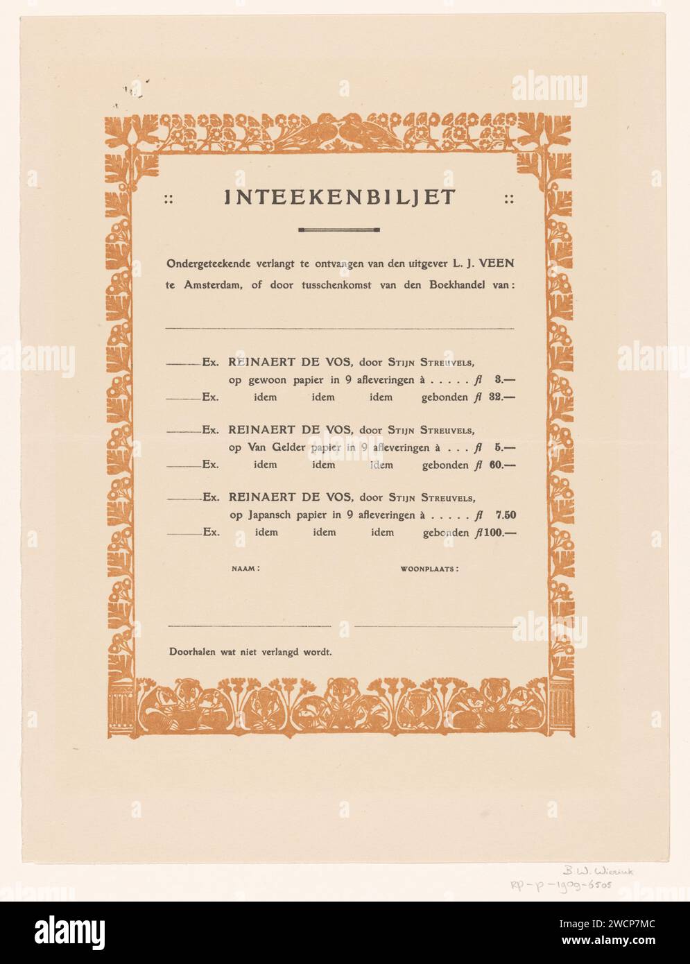 Registered for Reinaert de Vos, Bernard Willem Wierink, in or before c. 1909 print   paper Stock Photo