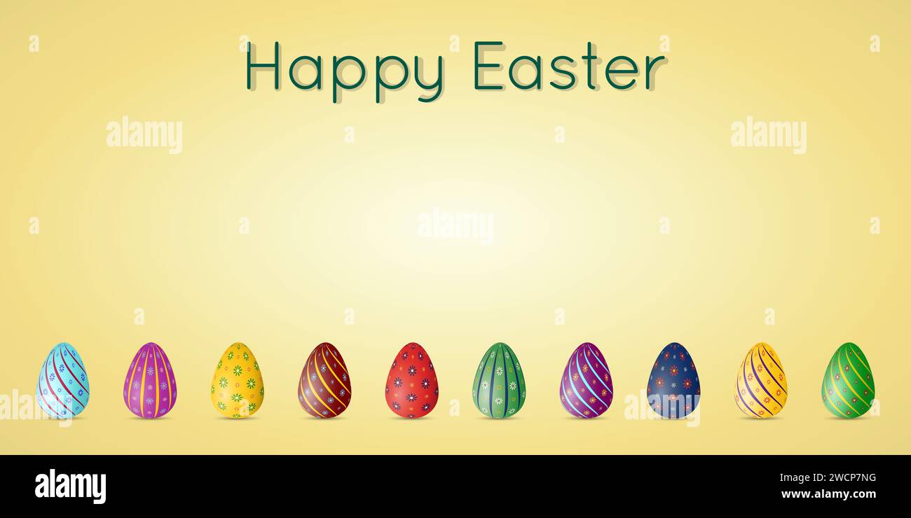 Happy Easter postcard or greeting card with traditional Easter symbols, painted eggs, vector image, illustration, copy space. Stock Photo