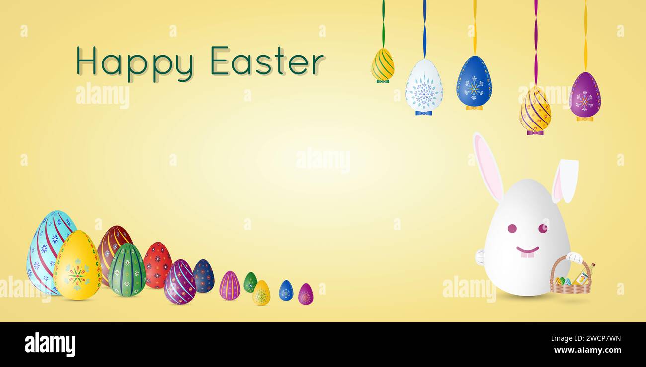 Happy Easter postcard or greeting card with traditional Easter symbols, painted eggs and rabbit, vector image, illustration, copy space. Stock Photo