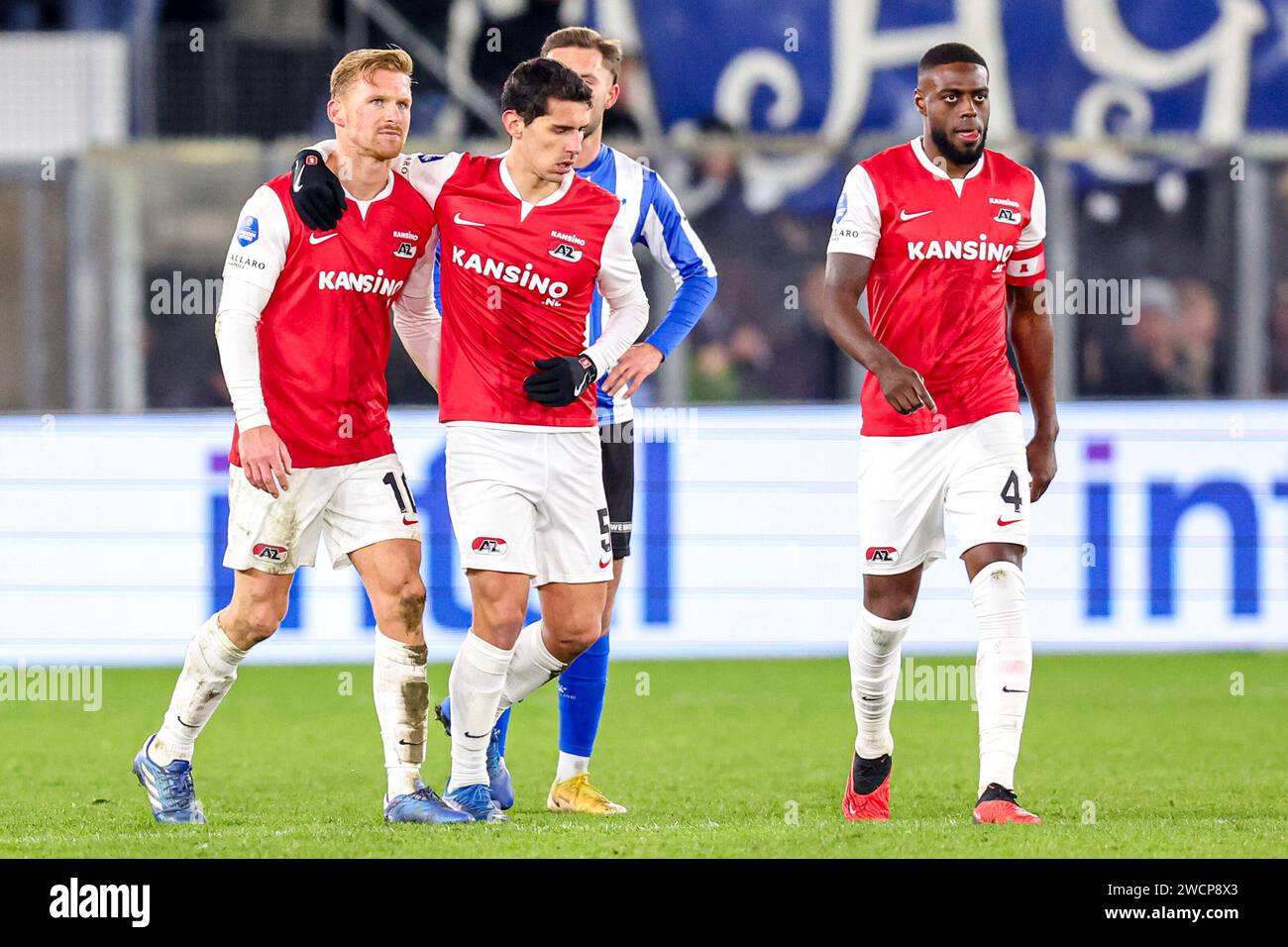 Alkmaar, Netherlands. 16th Jan, 2024. ALKMAAR, NETHERLANDS - JANUARY 16: Dani de Wit of AZ Alkmaar celebrates after scoring a goal which will be cancelled by VAR, Alexandre Penetra of AZ Alkmaar, Bruno Martinis Indi of AZ Alkmaar during the TOTO KNVB Cup match between AZ and Quick Boys at AFAS Stadion on January 16, 2024 in Alkmaar, Netherlands. (Photo by Peter Lous/Orange Pictures) Credit: dpa/Alamy Live News Stock Photo