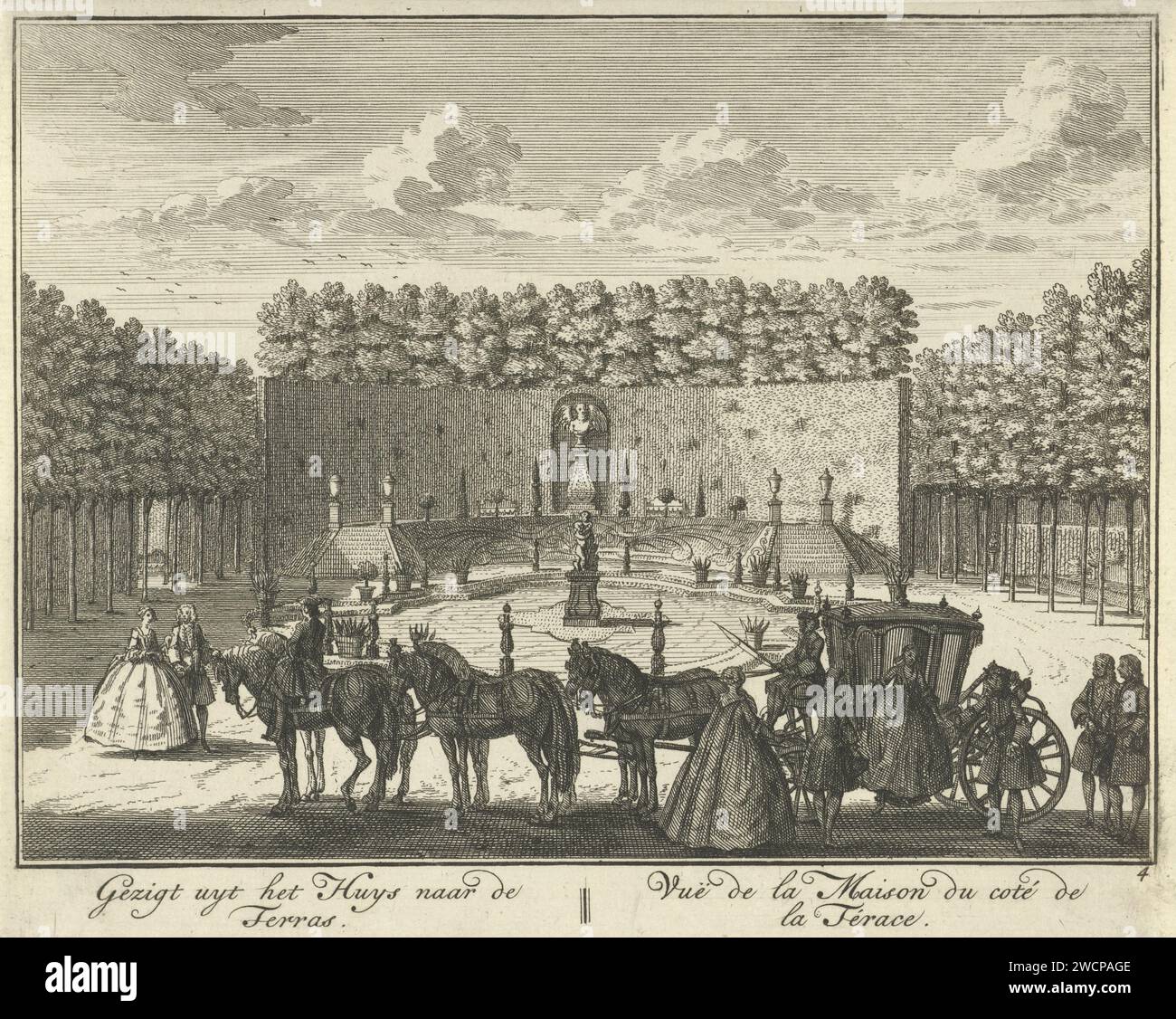 Terrace in the garden of Huis ter Meer in Maarssen, Hendrik de Leth, c. 1740 print View of the terrace in the French garden of Huis ter Meer in Maarssen. In the foreground is a carriage with six horses, figures watch all around. The print is part of a series with 26 faces at Huis ter Meer and the accompanying estate in Maarssen.  paper etching country-house. French or architectonic garden; formal garden House Ter Meer Stock Photo