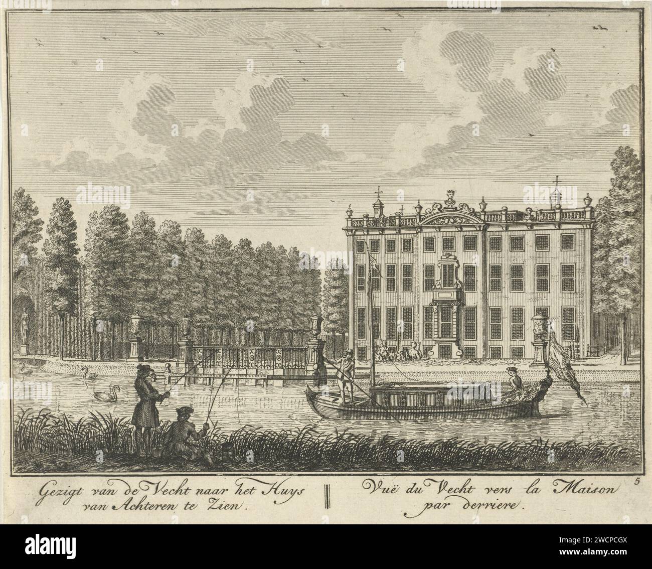 Rear facade of Huis ter Meer in Maarssen, Hendrik de Leth, c. 1740 print View of the rear of Huis ter Meer, seen from the Vecht. A barge sails on the water, two fishing figures in the foreground. The print is part of a series with 26 faces at Huis ter Meer and the accompanying estate in Maarssen.  paper etching country-house. river Huis ter Meer. Vecht Stock Photo