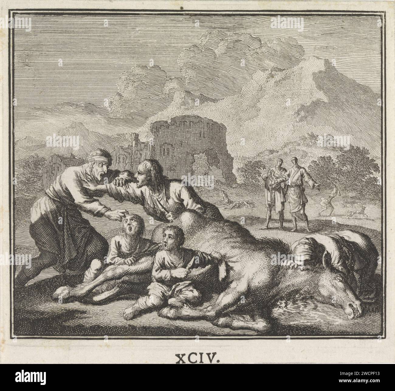 Emblem Hunger Nood, Jan Luyken, 1695 1705 print A landscape with