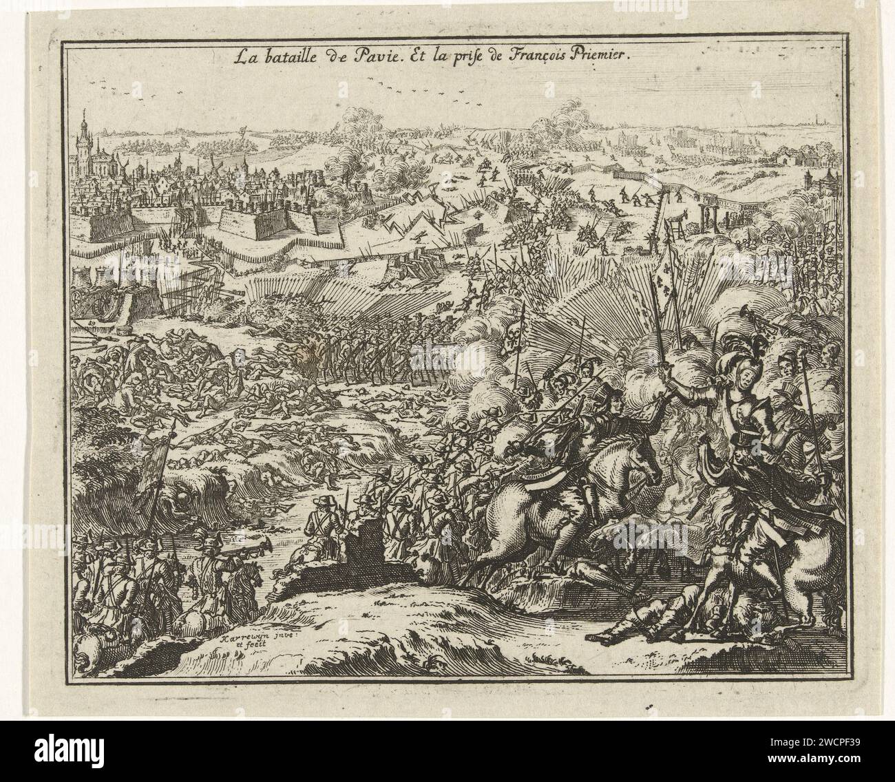 Battle of Pavia, Jacobus Harrewijn, 1682 - 1730 print  Low Countries paper etching battle (+ cavalry, horsemen) Pavia Stock Photo