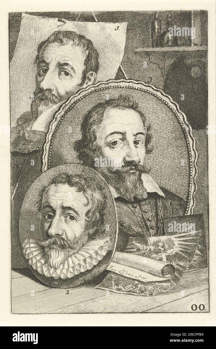 Portretten Van Johann I, Rafael in Aegidius Sadeler, Jan l'Emmiral, 1764 print Three numbered artist portraits. Portrait of Johann I (no. 1), Rafael (no. 2) and Aegidius (no. 3) Sadeler. Print marked at the bottom right: oo.  paper etching Stock Photo