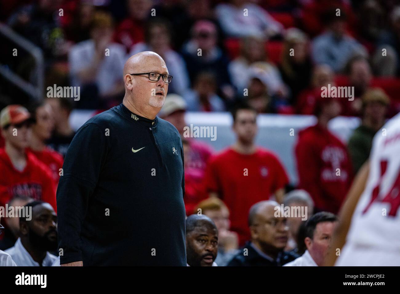 Raleigh, NC, USA. 16th Jan, 2024. Wake Forest head coach Steve Forbes watches during the first half against the NC State Wolfpack in the ACC Basketball matchup at PNC Arena in Raleigh, NC. (Scott Kinser/CSM) (Credit Image: © Scott Kinser/Cal Sport Media). Credit: csm/Alamy Live News Stock Photo