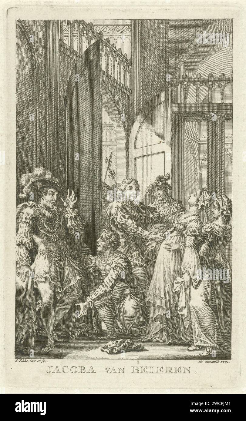 Jacoba van Bavaria falls faint, Simon Fokke, 1771 print Jacoba van Bavaria is fainting at the appearance of a male guest. She is taken care of by a woman behind her. On the left next door are two noblemen in conversation. This print is made for the mourning game 'Jacoba van Beieren, Countess of Holland and Zeeland' by Jan de Marre. Amsterdam paper etching tragedy. fainting, swooning Stock Photo