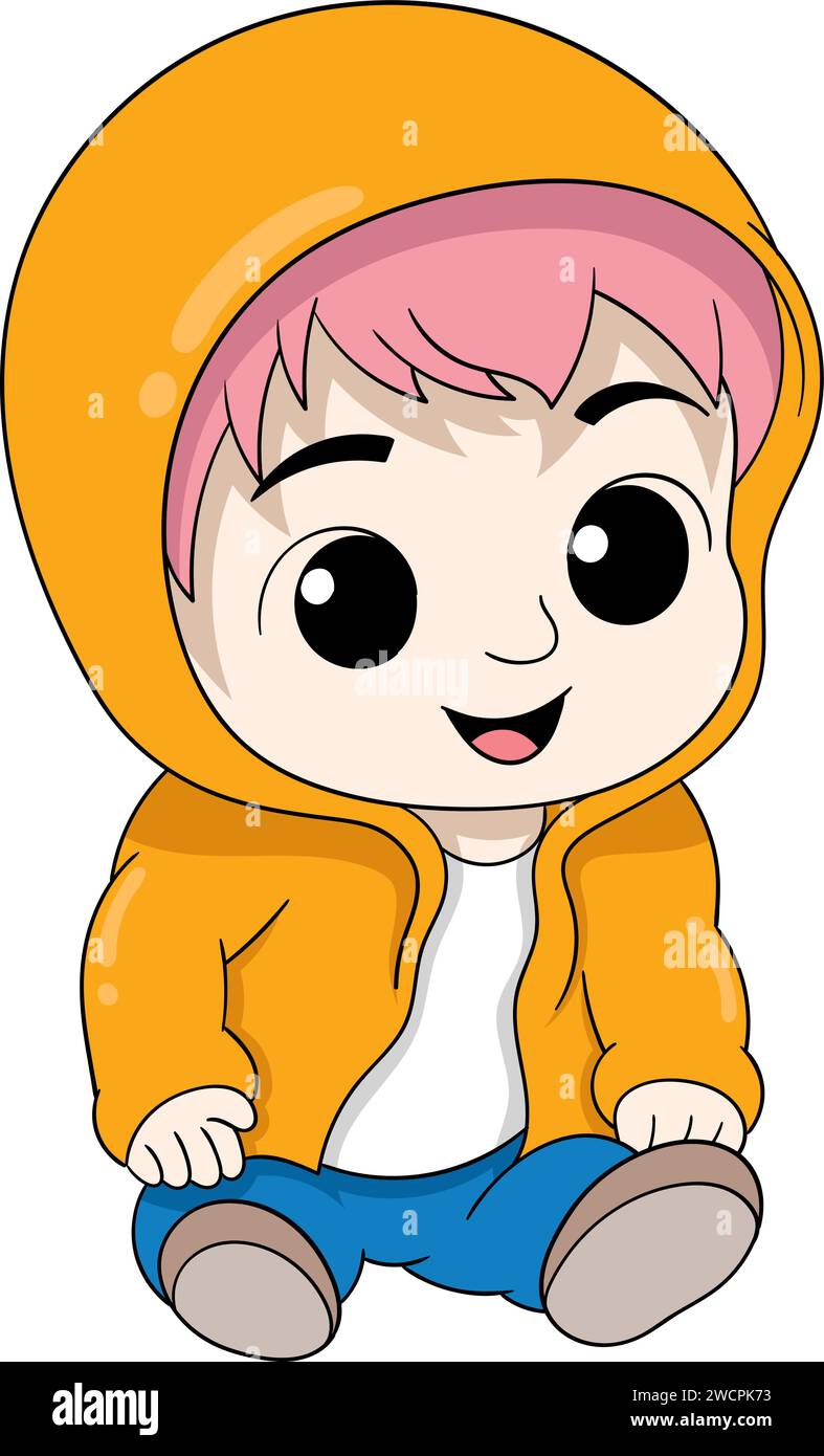 a cute pink hair baby sitting with happy face wearing yellow hoodie and blue pants Stock Vector