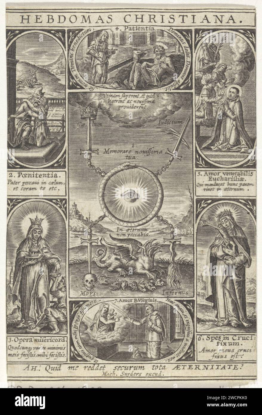 Hebdomas Christiana, Michael Snijders, 1610 - 1672 print Seven small allegorical representations of the Christian virtues, grouped around the eye of God. Every virtue is related to a day of the week and is provided with a spell. Antwerp paper engraving the all-seeing eye, triangle with eye  symbol of God the Father. serpent Ouroboros. dragon. penance, 'Poenitentia'; 'Contritione' (Ripa)  part of the confession. Mercy, Compassion; 'Compassione', 'Misericordia' (Ripa). Patience; 'Patienza' (Ripa) (+ symbolical representation of concept). Hope, 'Spes'; 'Speranza divina e certa' (Ripa)  one of Stock Photo
