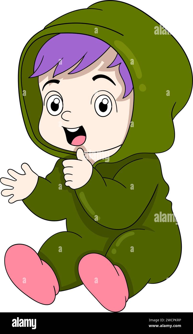 a purple-haired baby boy wearing an army-colored hoodie was sitting and clapping his hands Stock Vector