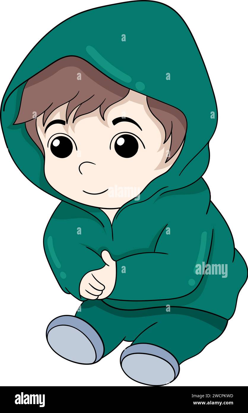 a purple-haired baby boy wearing an army-colored hoodie was sitting and clapping his hands Stock Vector