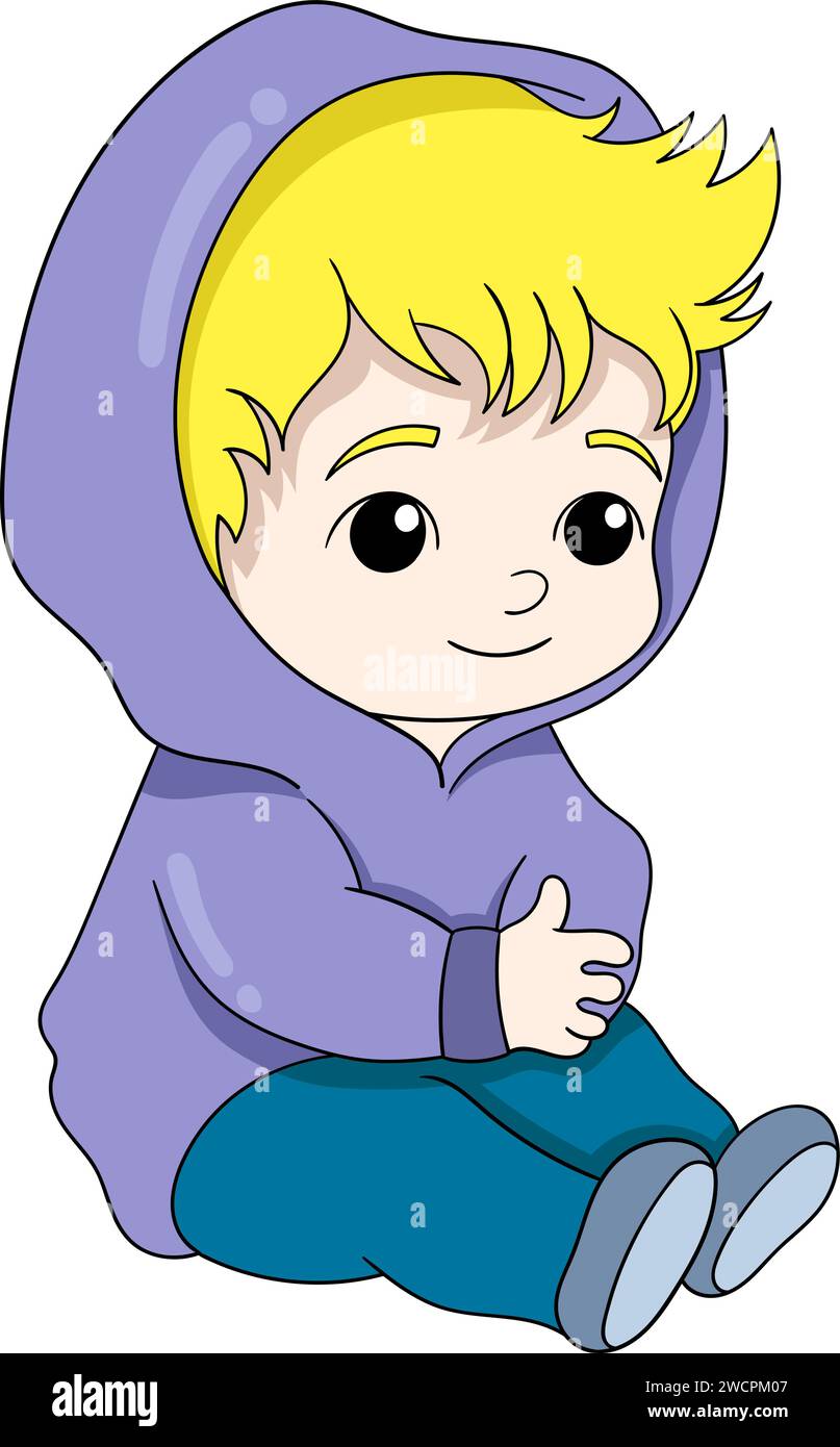 a yellow haired baby boy is cold so wearing a purple jacket Stock Vector