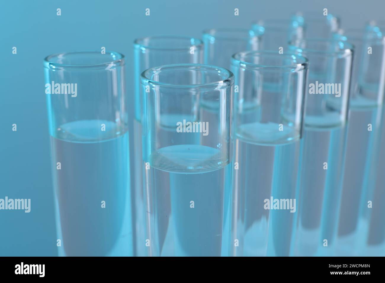 Laboratory analysis. Many glass test tubes on light blue background ...