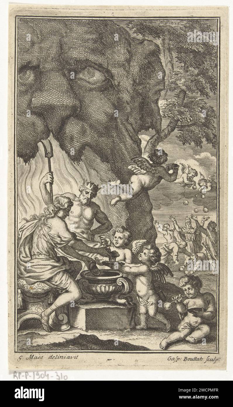 Allegory on the volatility of life, Gaspar Bouttats, After Godfried Maes, 1650 - 1695 print In the foreground a Hellemond where two classic gods poured soapsop from a small dishes. These dishes are hired by angels. Then the angels fly towards clouds in the background and they blow soap bubbles from the soapsop. Under the clouds are people of all kinds of positions (including the pope and a king) who enthusiastically collect the soap bubbles. Allegorically, the bubble is a vanitas symbol for the volatility of human existence and of earthly wealth. Humanity does everything to catch and collect t Stock Photo