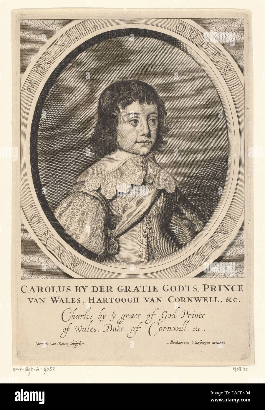 Portrait of Karel, Prince of Wales at the age of 12, Cornelis van Dalen (I), 1642 print Portrait of Karel, Prince of Wales at the age of 12.  paper engraving Stock Photo