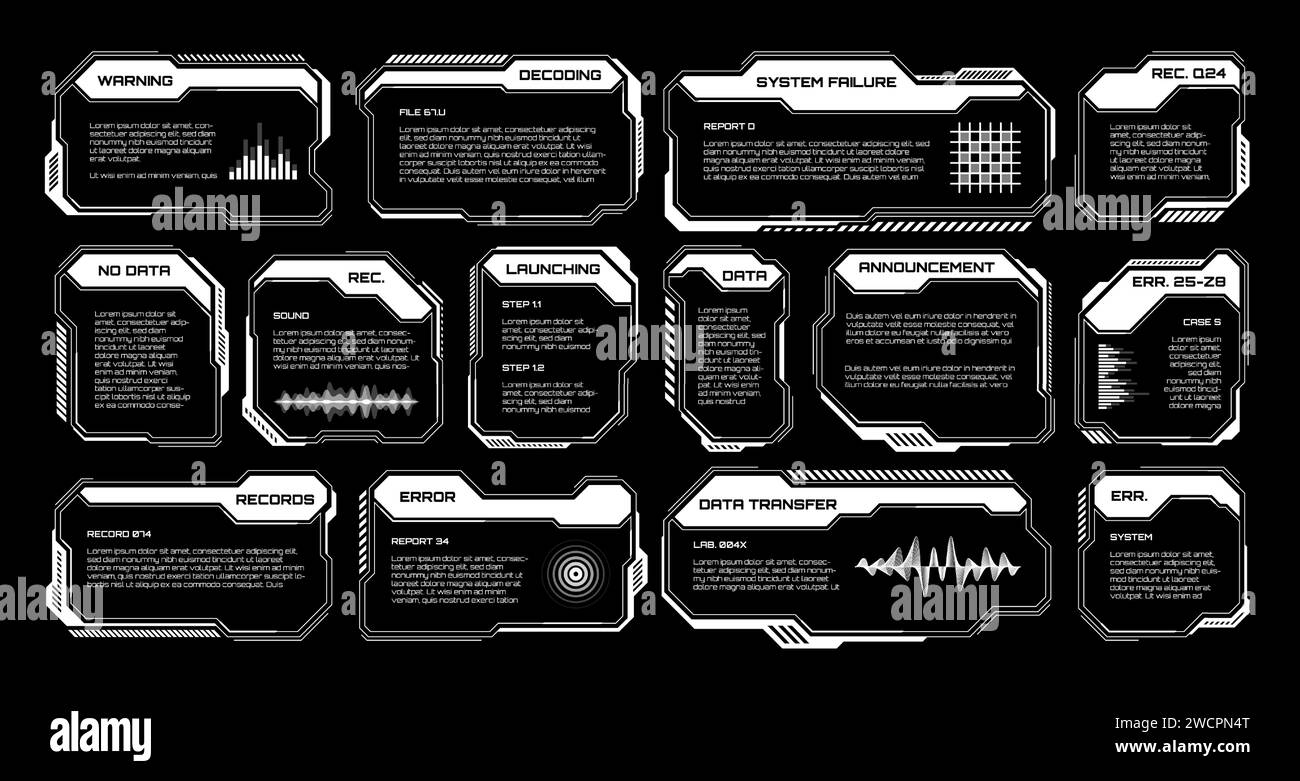 White futuristic HUD, UI elements. Sci-fi user interface text boxes ...