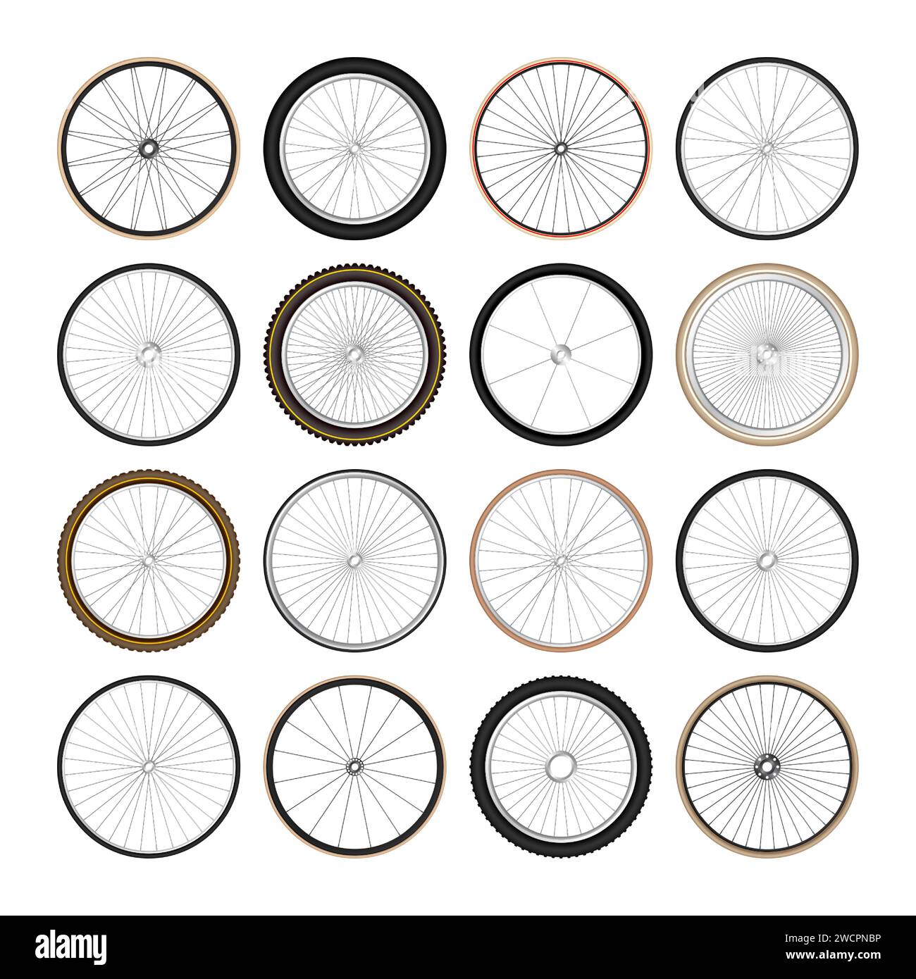 Realistic 3d retro bicycle wheels. Vintage bike rubber tyres, shiny