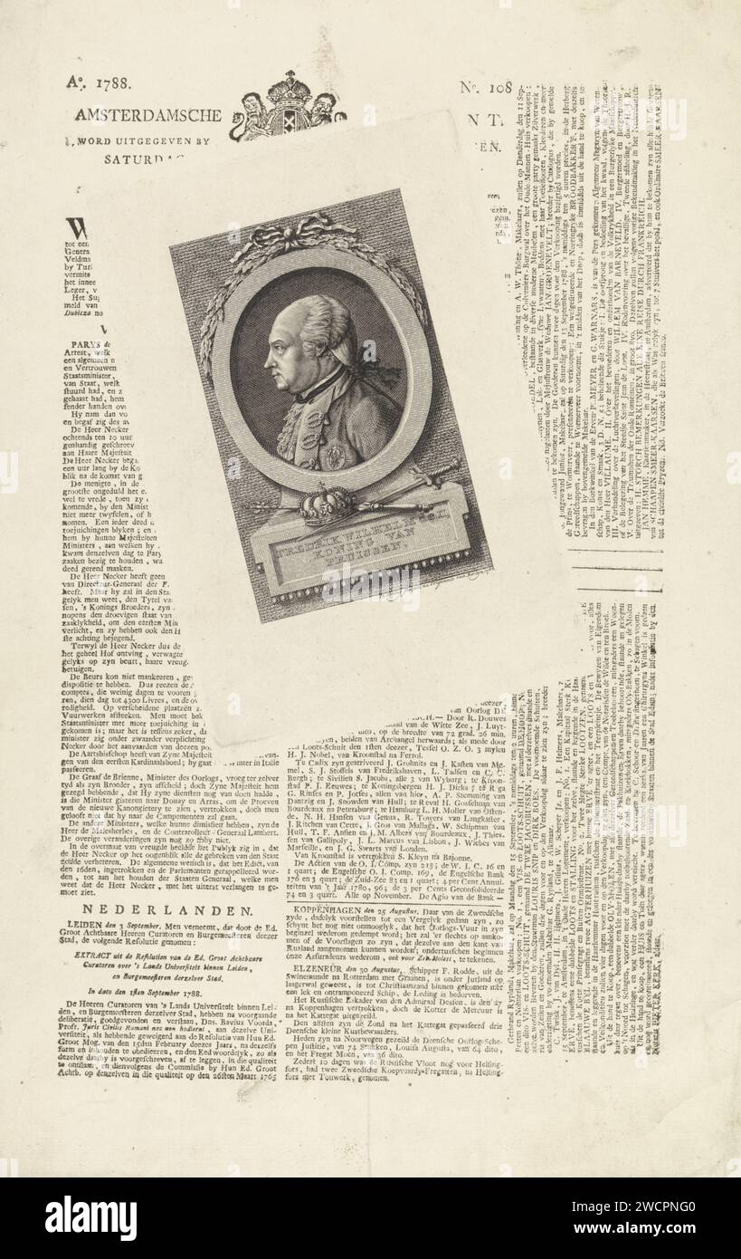 Portrait of Frederik Willem II, King of Prussia Printed on a newspaper ...
