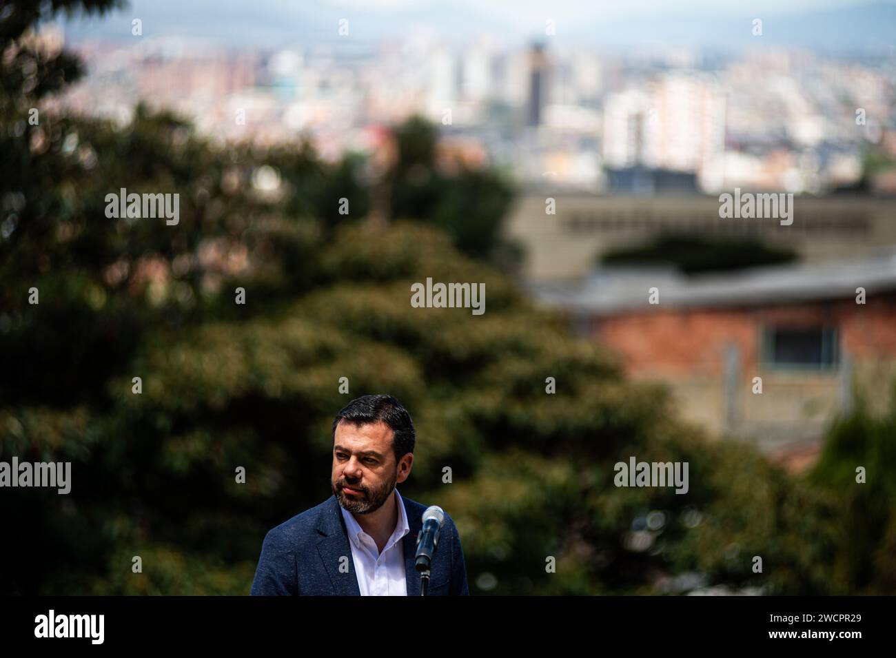 Bogota, Colombia. 16th Jan, 2024. Bogota's mayor Carlos Fernando Galan takes part in a meeting and press conference announcing new economical support for low income families in the city of Bogota, Colombia, January 16, 2024. Photo by: Sebastian Barros/Long Visual Press Credit: Long Visual Press/Alamy Live News Stock Photo