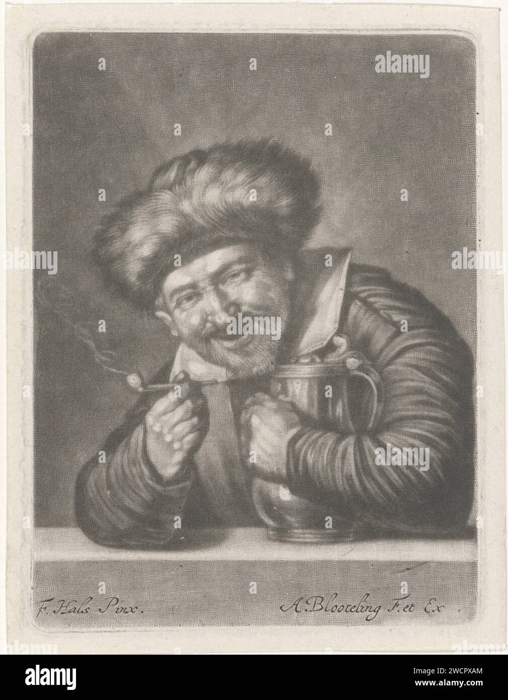 Laughing smoker, Abraham Blotling, after Frans Hals, 1652 - 1690 print A man is smoking a pipe smiling. He has pressed a pul to his chest. Amsterdam paper engraving laughing. pipe  tobacco Stock Photo