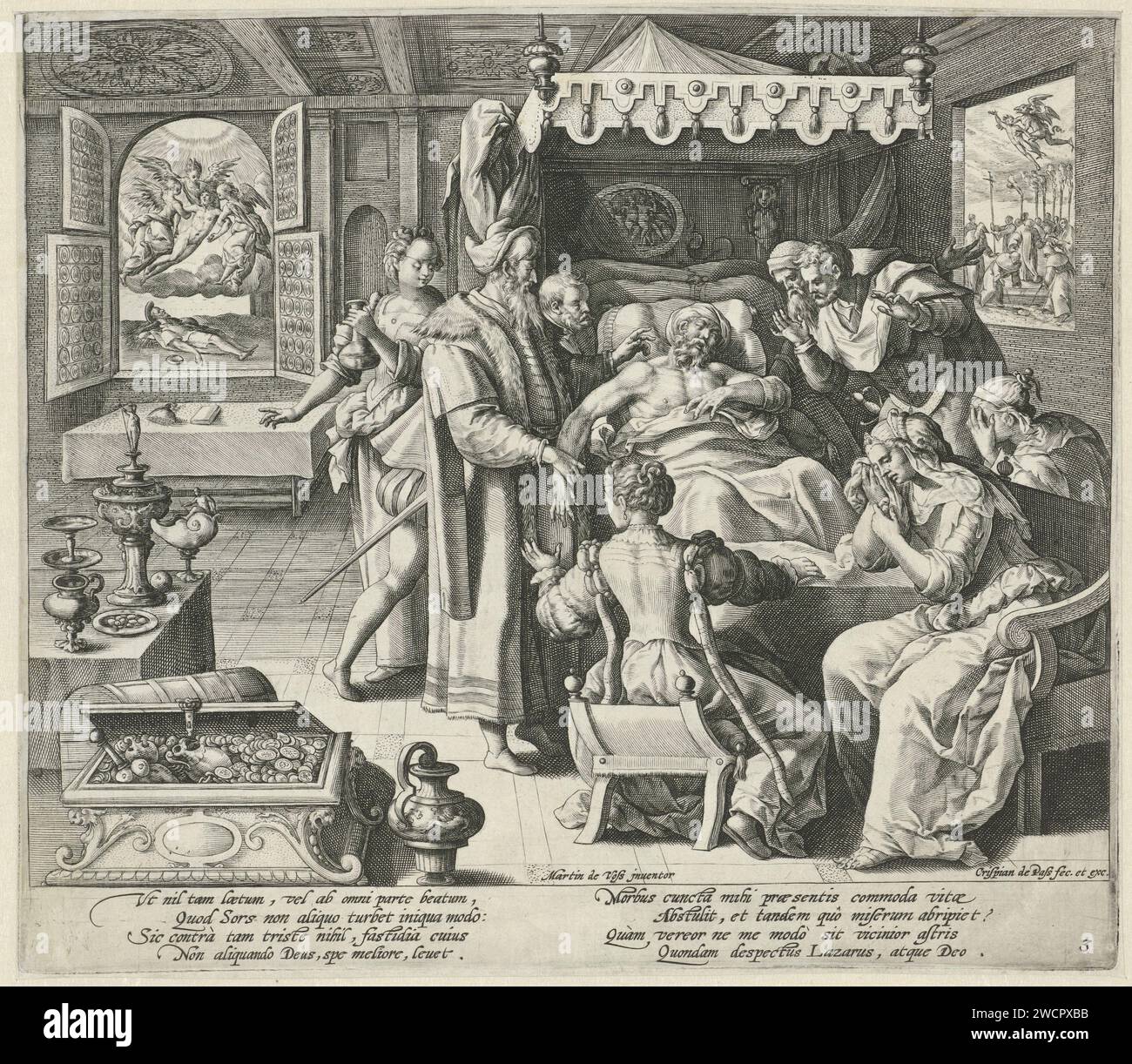 The death of the rich man, Crispijn van de Passe (I), After Maerten de Vos, 1589 - 1611 print The rich man is on his deathbed. Family and friends mourn the dead. On the left in the background you can see by a window how the soul of the poor Lazarus is worn by angels to heaven. On the right in the background, a window shows how the soul of the rich man is transported to hell by a devil. Print from a series of four with the parable of the rich man and the poor Lazarus. Cologne paper engraving Dives dies; his soul is brought into hell by devils Stock Photo