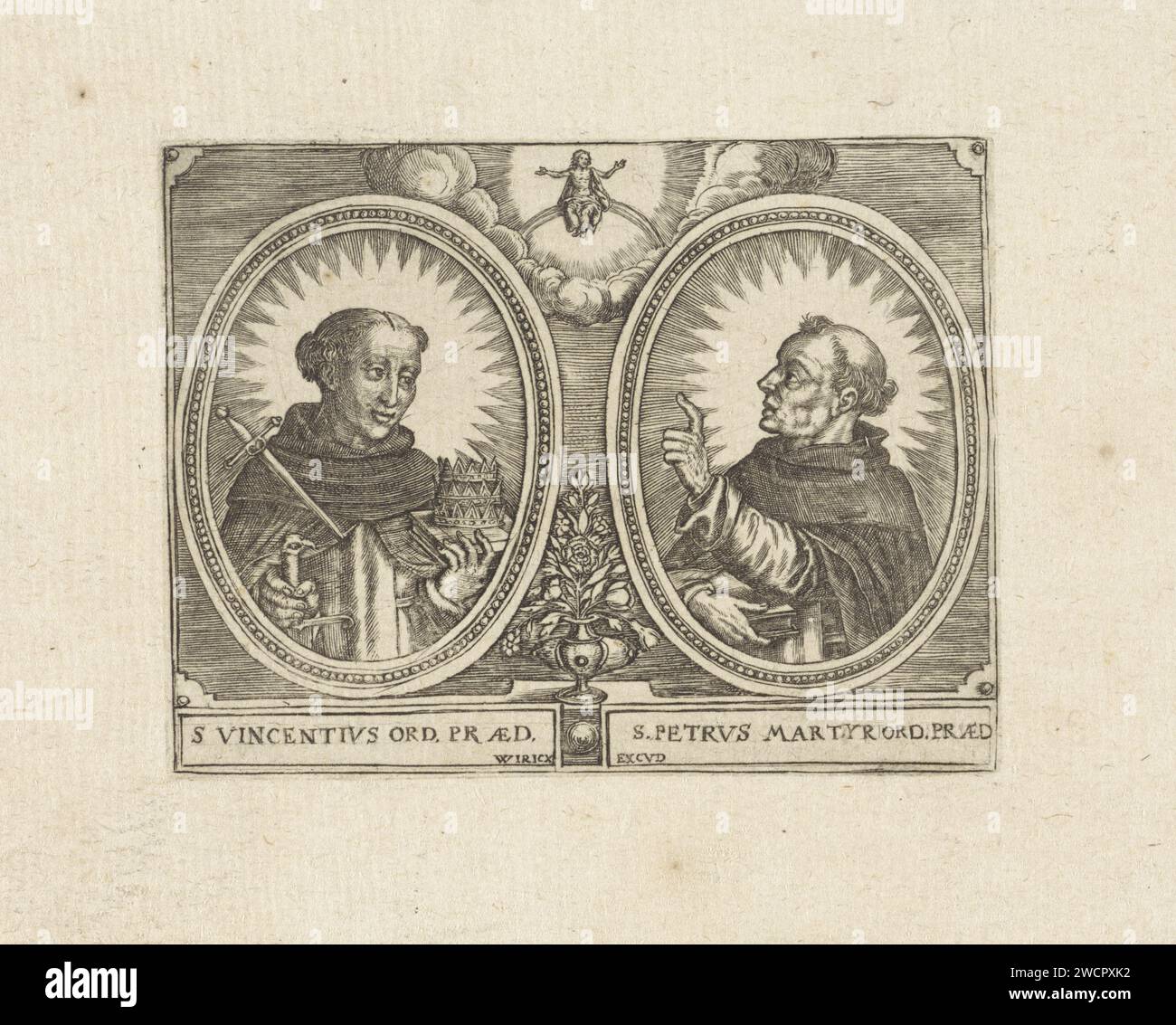 H. Vincent Ferrerius en H. Petrus Martyr van Verona, Wierix, 1550 - before 1619 print Left: Saint Peter Martyr van Verona, in Dominicaner Habijt, a wound in his skull and his chest with a sword. In one hand he still holds a sword, in the other a book on which three crowns lie. Right: Saint Vincentius Ferrerius, in Dominicaner Habijt, with books in hand. The names among the portraits are incorrect, probably mistakenly exchanged. The performances are caught in oval frames, in between Christ on the rainbow and a vase with flowers. Antwerp paper engraving the Dominican friar Peter Martyr of Verona Stock Photo
