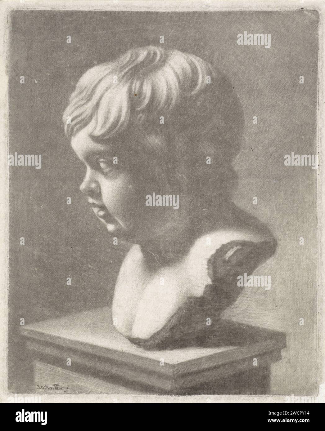 Bust of a child, to the left, Wallerant Vaillant, After François du Quesnoy, 1658 - 1677 print   paper  child. sculpture Stock Photo