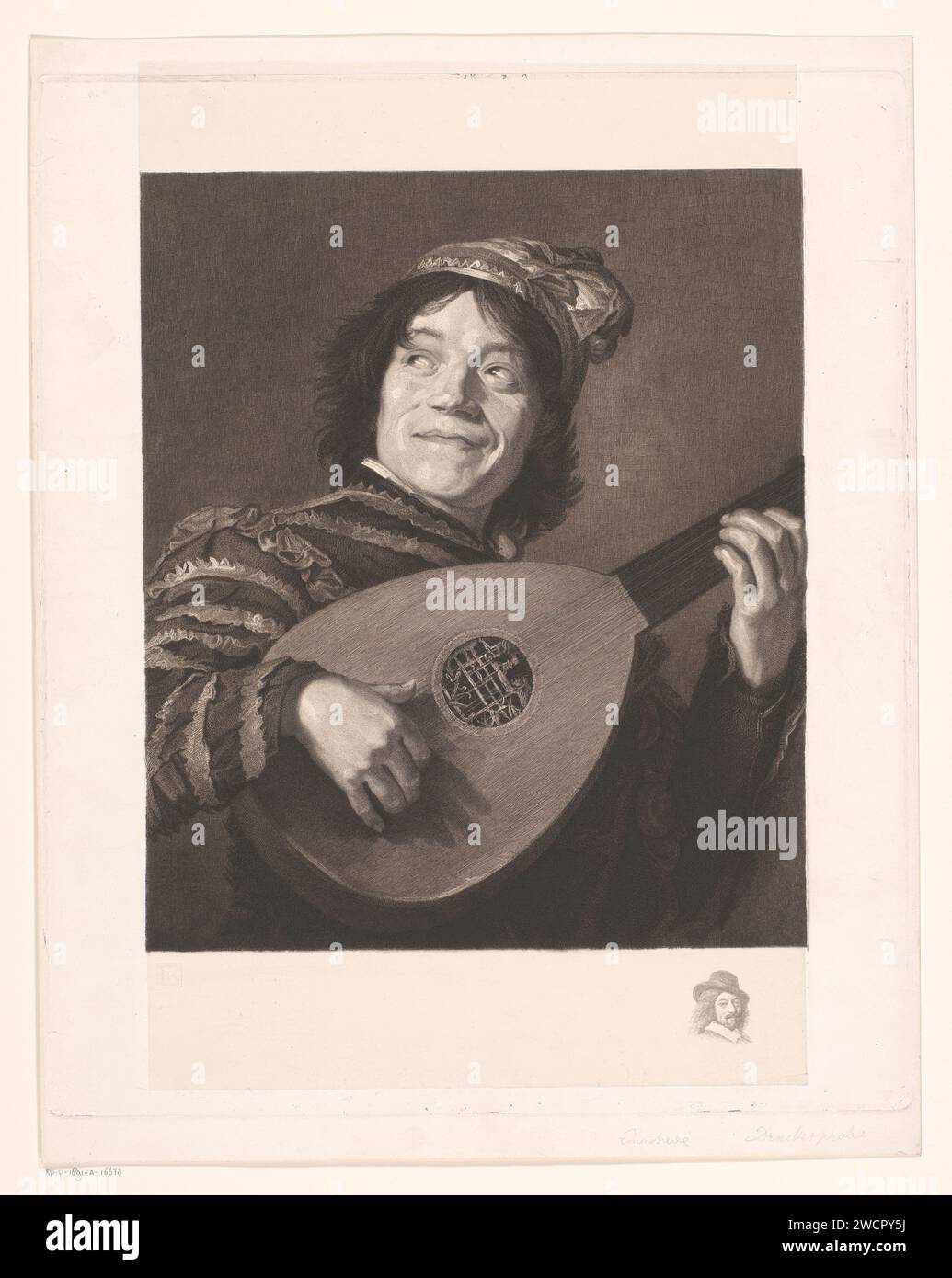 Luitspeler, Rudolf Stang, after Frans Hals, 1841 - 1891 print With a men's head on the right in the margin.  paper. etching court jester, court fool. lute, and special forms of lute, e.g.: theorbo Stock Photo