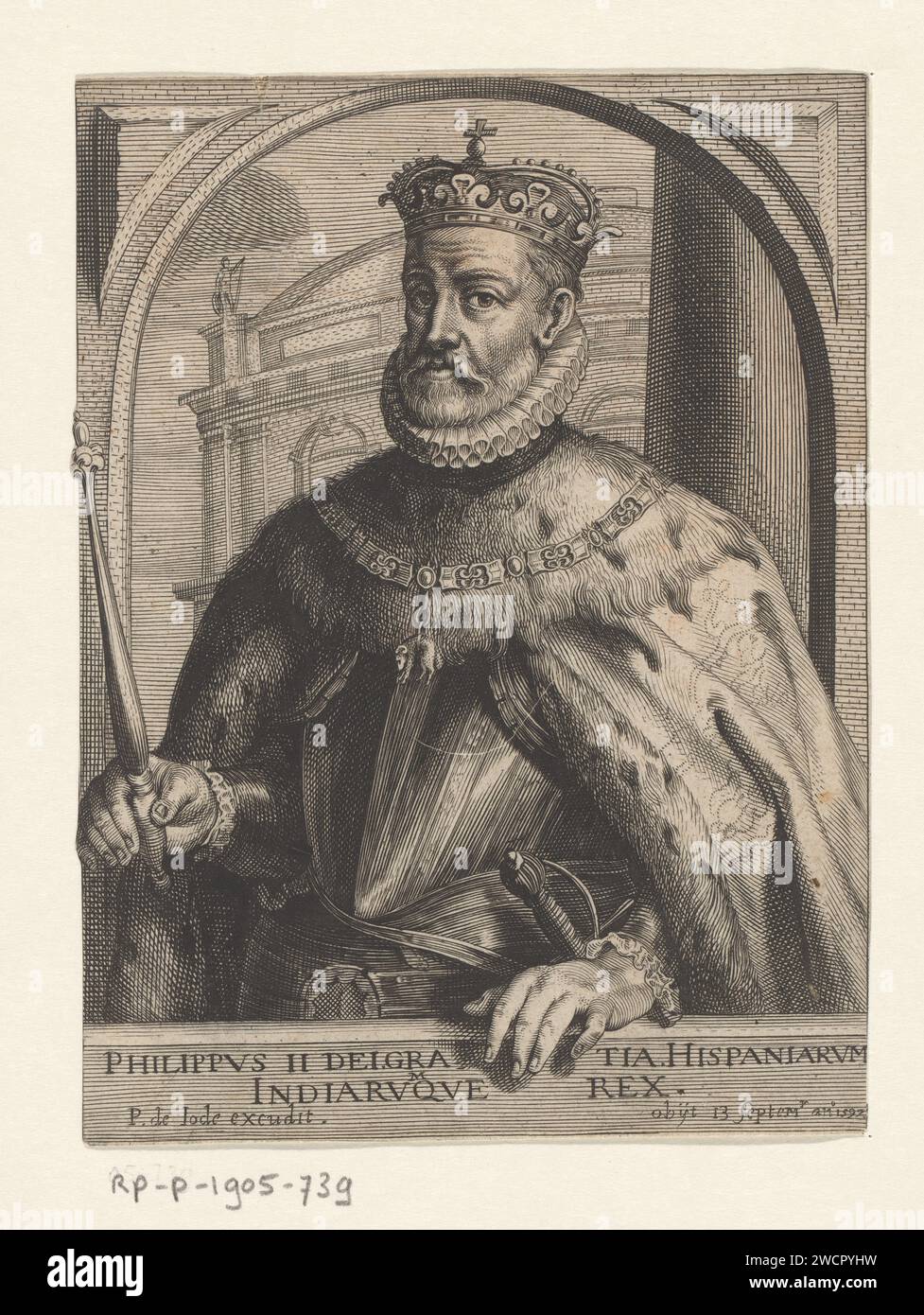 Portrait of Philip II of Spain, Pieter de Jode (II) (Possible), 1638 - 1651 print   paper engraving historical persons. king. armour. crown (symbol of sovereignty). sceptre, staff (symbol of sovereignty). knighthood order of the Golden Fleece Stock Photo