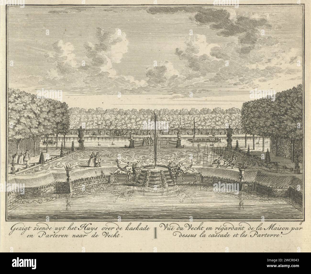 Pond in the garden of Huis ter Meer in Maarssen, Hendrik de Leth, c. 1740 print View of the symmetrically landscaped pond with fountain in the French garden of Huis ter Meer. The print is part of a series with 26 faces at Huis ter Meer and the accompanying estate in Maarssen.  paper etching country-house. French or architectonic garden; formal garden. garden cascade House Ter Meer Stock Photo