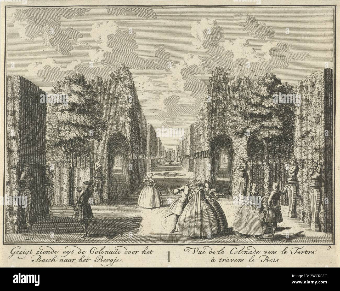 View from the colonnade on the garden of Huis ter Meer in Maarssen, Hendrik de Leth, c. 1740 print View from the colonnade on the French garden of Huis ter Meer in Maarssen, with walking figures. The print is part of a series with 26 faces at Huis ter Meer and the accompanying estate in Maarssen.  paper etching country-house. French or architectonic garden; formal garden House Ter Meer Stock Photo