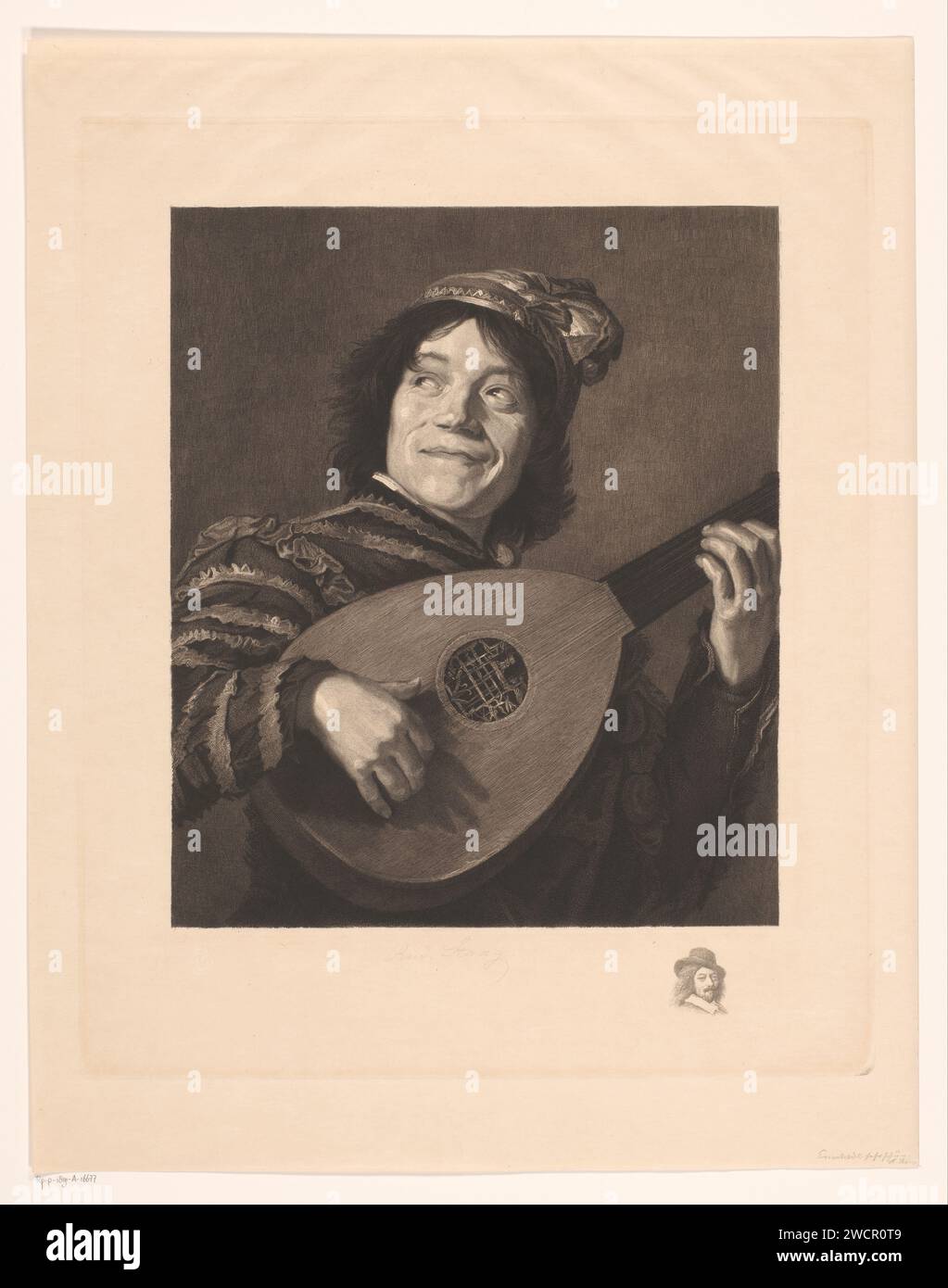 Luitspeler, Rudolf Stang, after Frans Hals, 1841 - 1891 print With a men's head on the right in the margin.  paper etching lute, and special forms of lute, e.g.: theorbo. court jester, court fool Stock Photo
