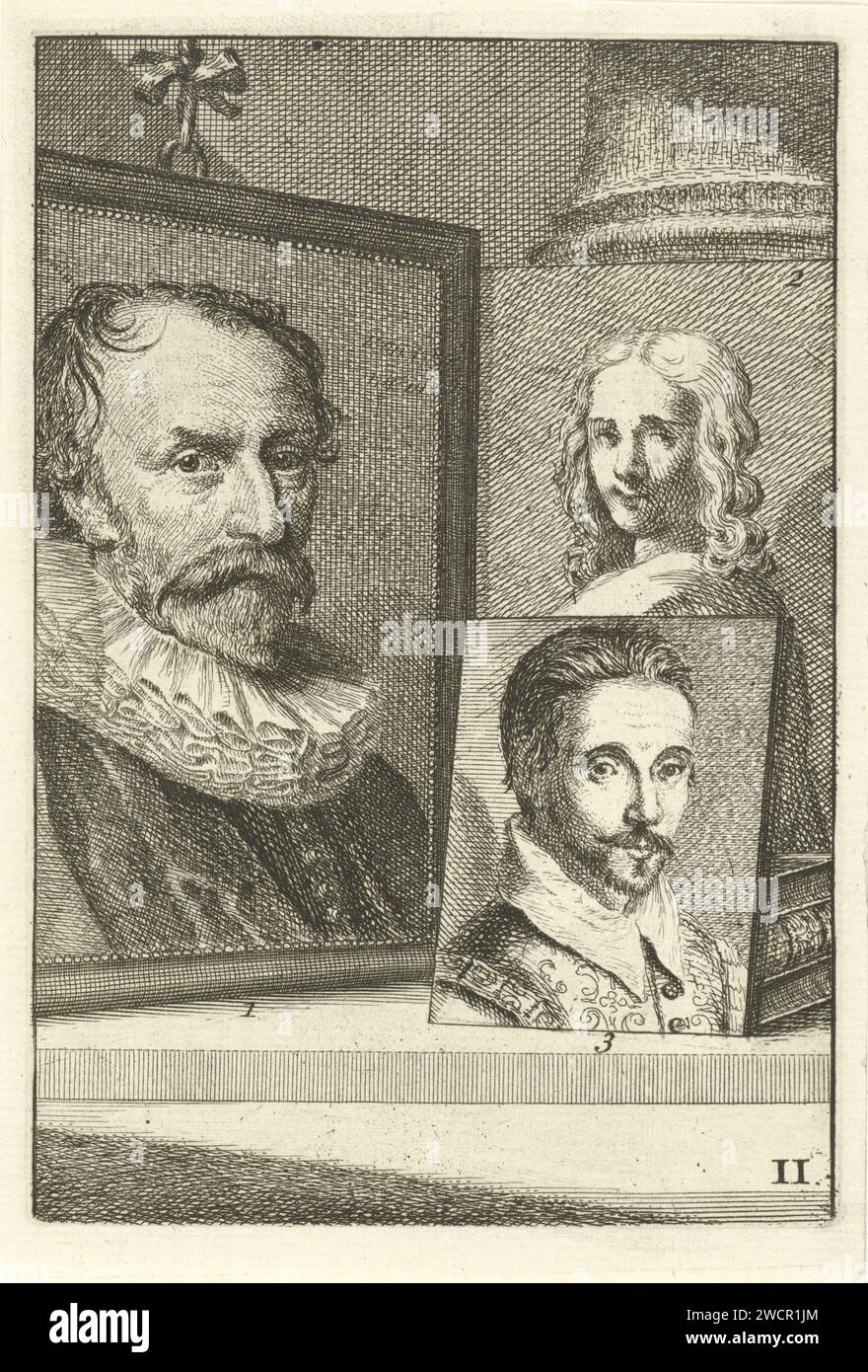 Portraits of Michiel Jansz. van Mierevelt, a non -identified person and Willem Jacobsz. Delff, Jan L'Admiral, 1764 print Three numbered artist portraits. Portrait of Michiel Jansz. van Mierevelt (no. 1), an un identified person (no. 2) and Willem Jacobsz. Delff (no. 3). Print marked at the bottom right: II.  paper etching Stock Photo