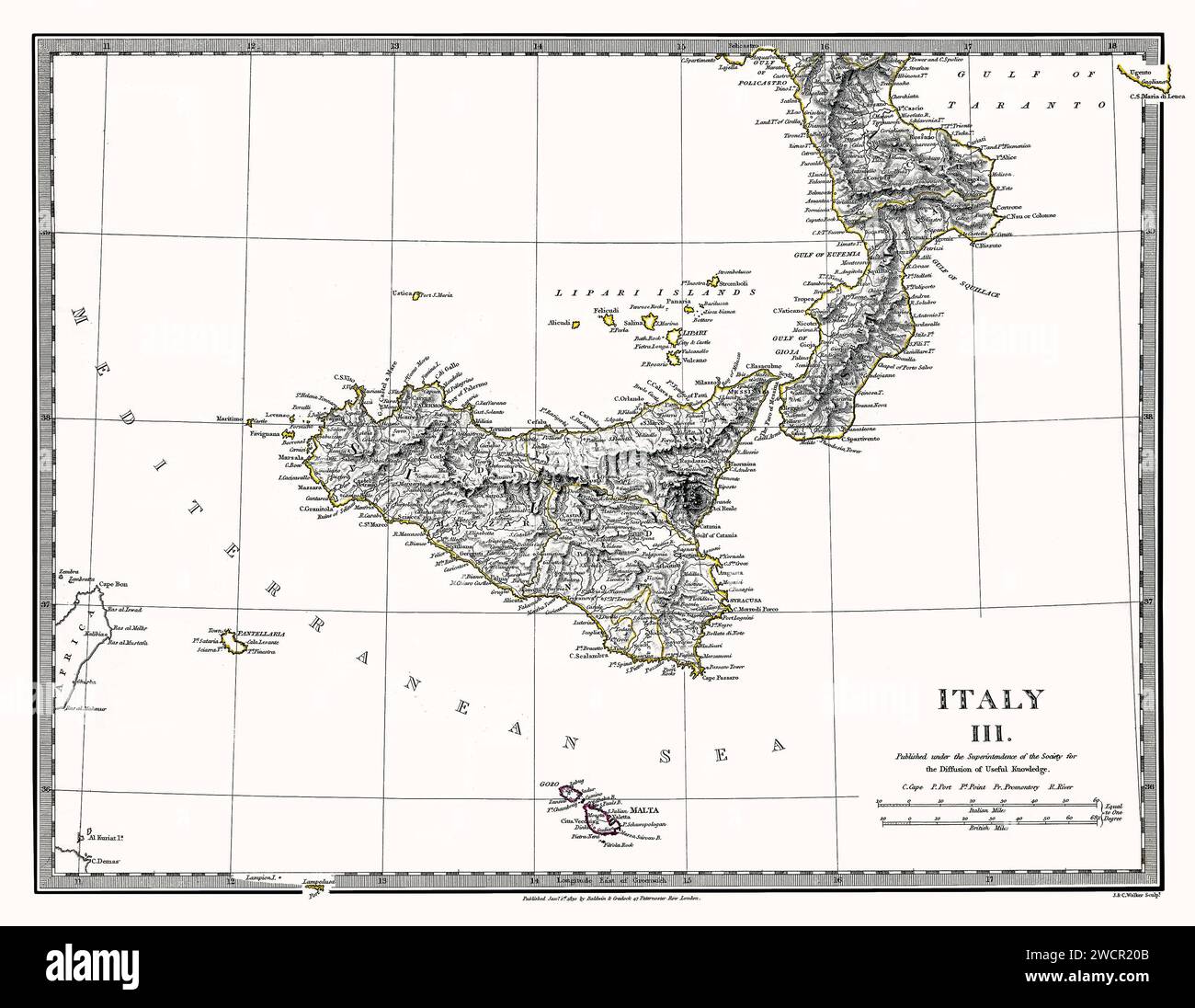 Sicily Italy Map 1844. This is a digitally enhanced, restored reproduction of a beautifully detailed antique map of Sicily and Calabria showing many geographical details The map was published in 1844. This is one of a series of maps published by the Society for the Diffusion of Useful Knowledge, a British organization. Stock Photo