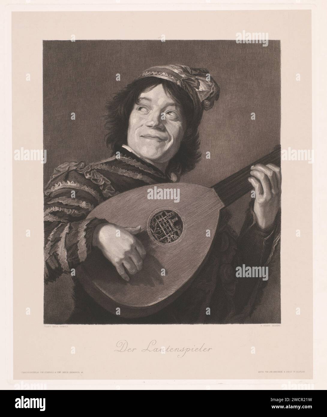 Luitspeler, Rudolf Stang, after Frans Hals, 1841 - 1891 print  publisher: Berlinprinter: Haarlem paper. etching court jester, court fool. lute, and special forms of lute, e.g.: theorbo Stock Photo
