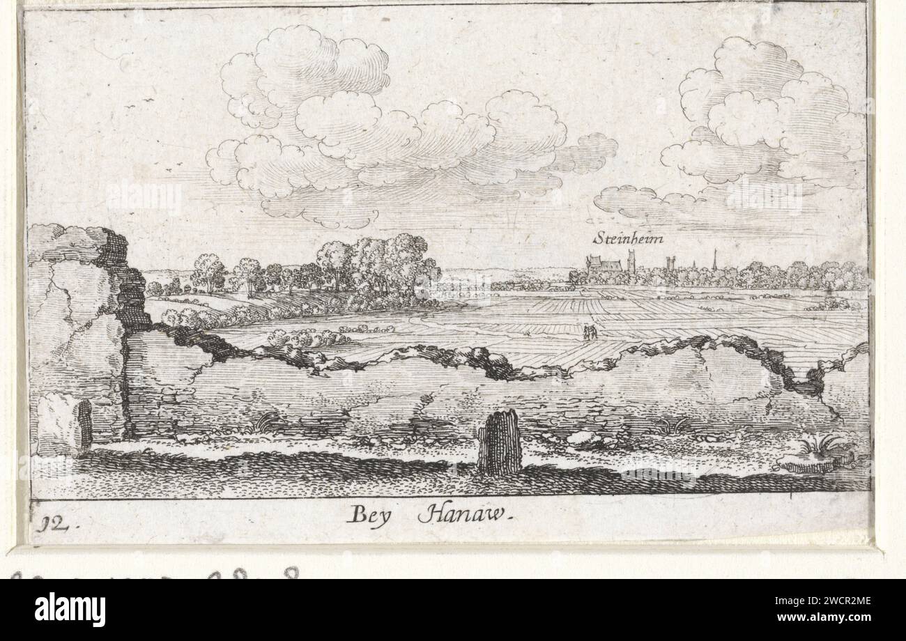 Landscape near Hanau with a view of Steinheim, Wenceslaus Hollar, 1635 print  Cologne paper etching city-view, and landscape with man-made constructions Hanau. Steinheim am Main Stock Photo